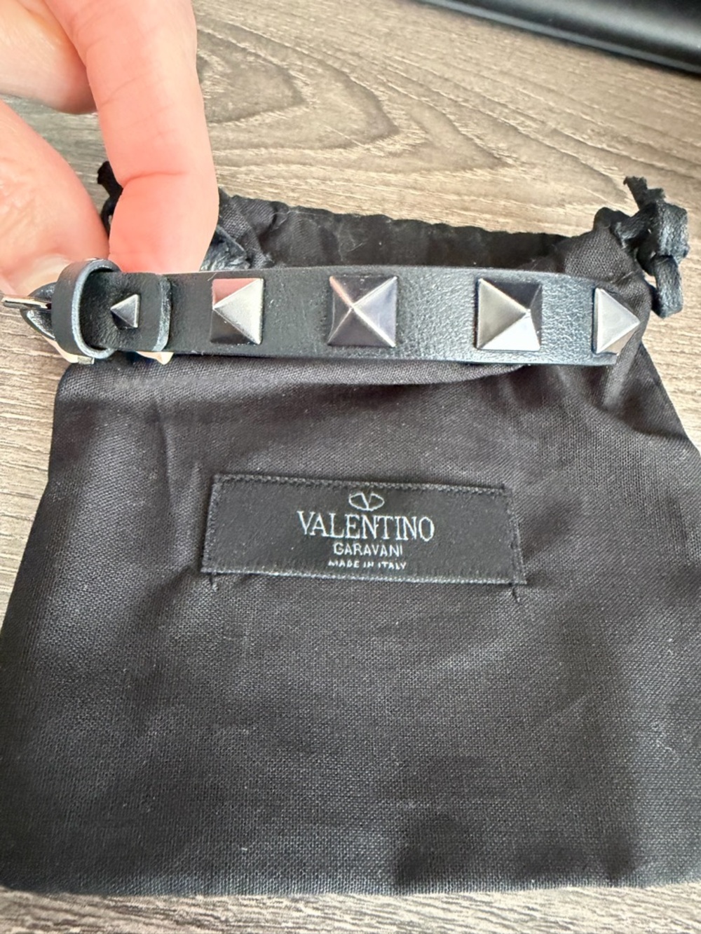 Valentino Garavani Black Leather Rockstud Bracelet with Silver Studs